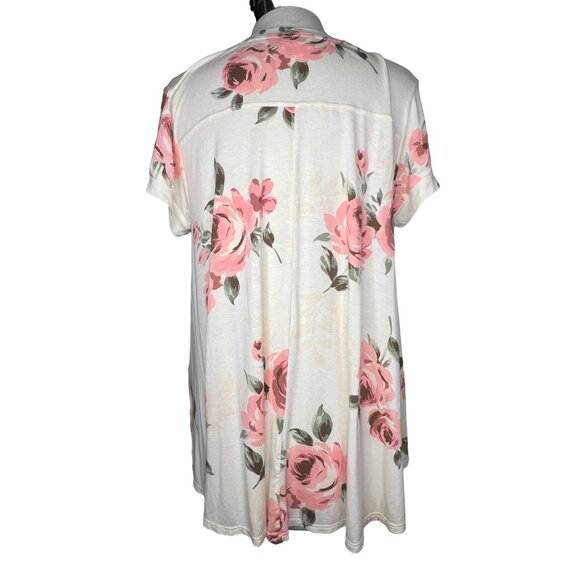 Lula Roe Medium Top short Sleeve Round Neck White Pink Floral Stretch - Picture 7 of 14